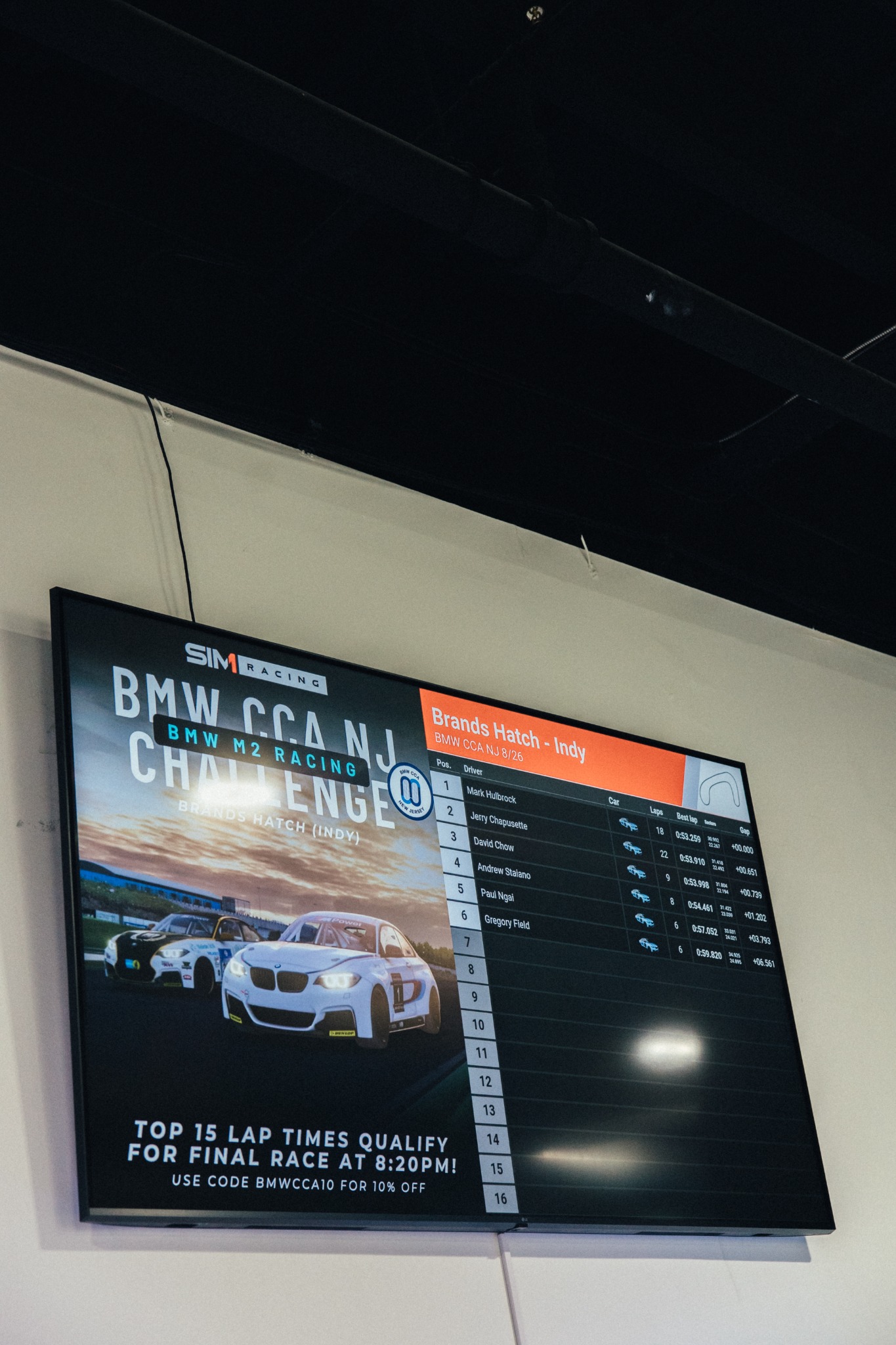 SIM1 Racing monitor showing BMW CCA NJ challenge standings and final-race qualifying information.